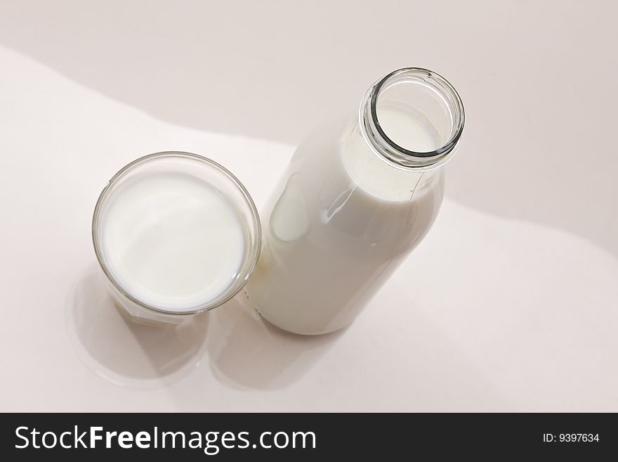 Food series: bottle and glass full of milk