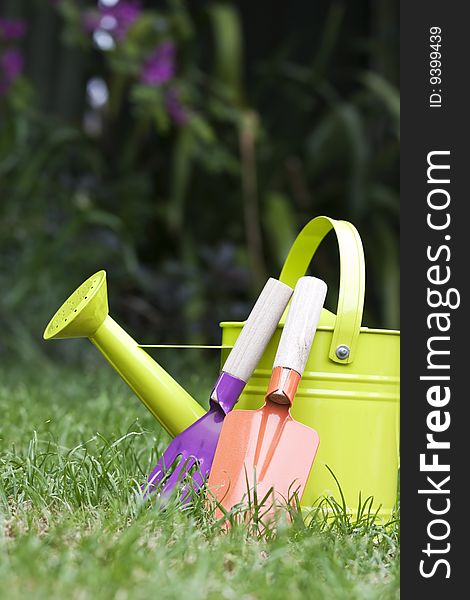 Gardening watering can and tools still life. Gardening watering can and tools still life