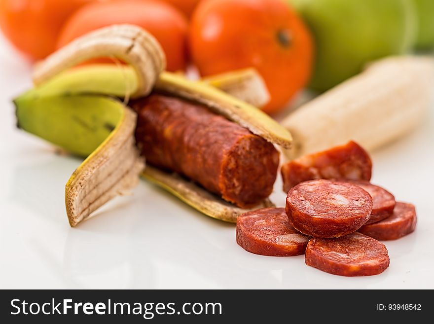 Closeup of chorizo in a banana peel. Closeup of chorizo in a banana peel.