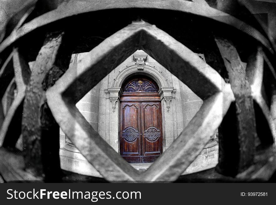 Black and white-colour photo of St. Publius Parish Church-iron fence and door detail, Floriana, Malta. Black and white-colour photo of St. Publius Parish Church-iron fence and door detail, Floriana, Malta