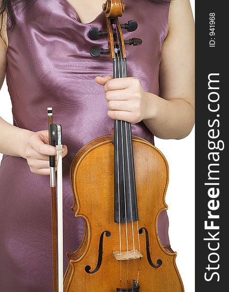 Violinist closeup 1, holding her violin and bow