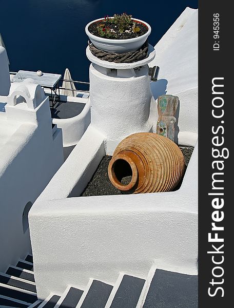 Exterior of a white-washed building at Santorini Island, Greece