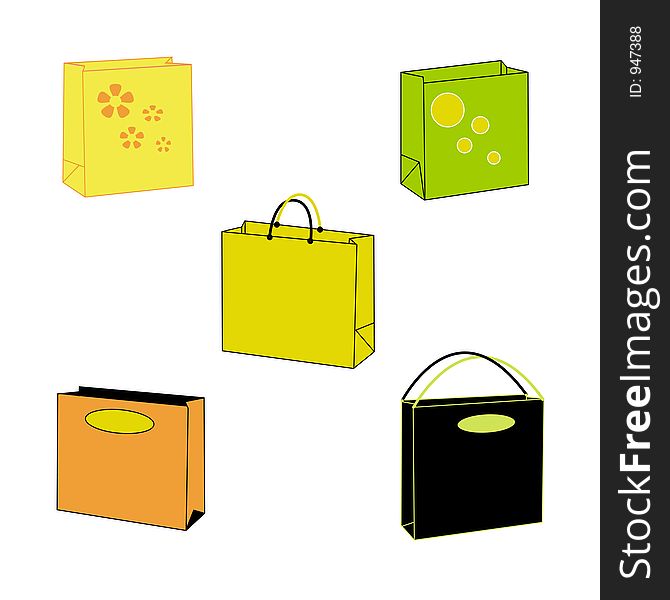 An illustration of five colourful paperbags on white background. An illustration of five colourful paperbags on white background