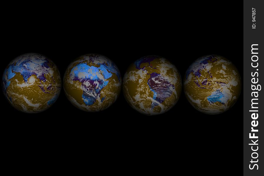 3d rendered Four Globes on black003. 3d rendered Four Globes on black003