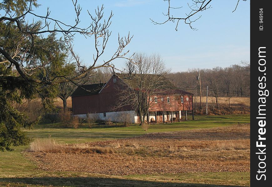 An old red barn located on the historic Pennypacker Mills Plantation