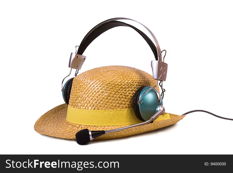 Straw hat with headphones on white background. Straw hat with headphones on white background