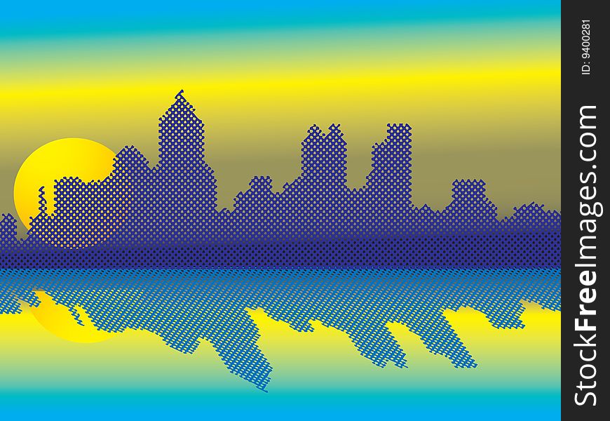 Vector illustration of city horizon against bright heavens.