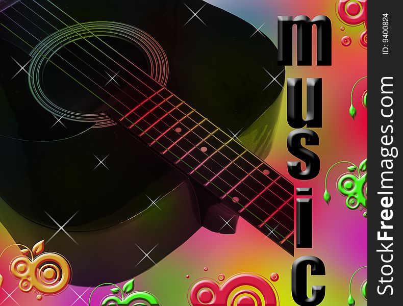 Black guitar on beautiful colored background with black shiny text music. Black guitar on beautiful colored background with black shiny text music