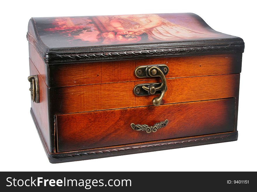 Wooden casket for ornaments on a white background