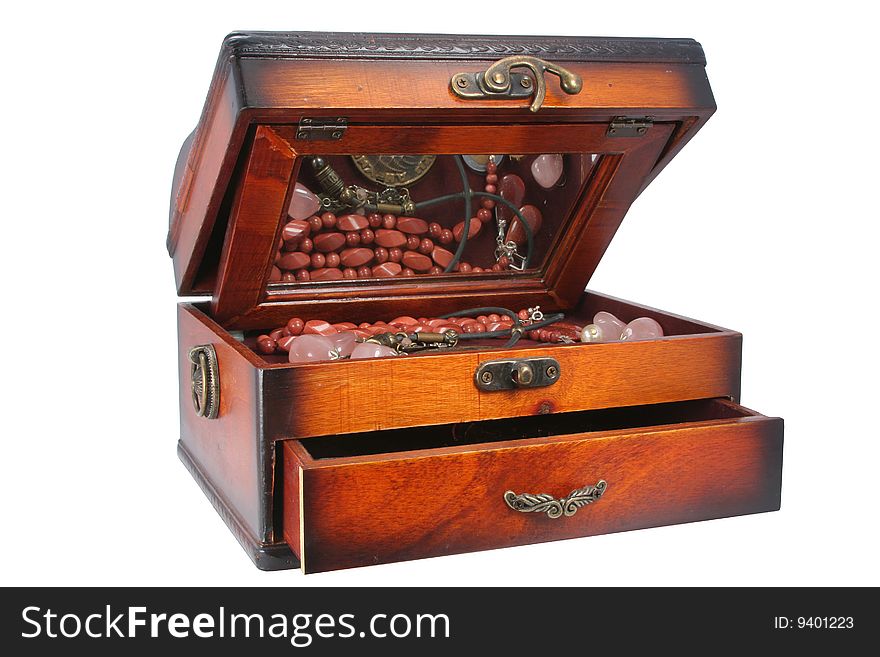 Wooden casket for ornaments on a white background