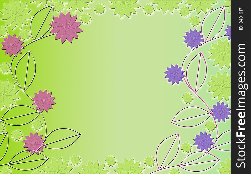 3D flowers,green,pink and purple on beautiful green background