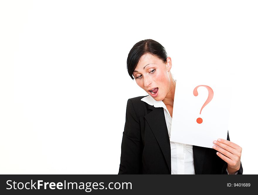 Business female holding questionmark card. Business female holding questionmark card