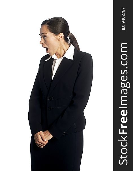 Frustrated Businesswoman screaming shocked on white background. Frustrated Businesswoman screaming shocked on white background