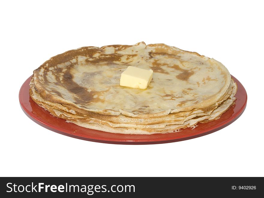 Russian Pancakes On The Red Plate (isolated)