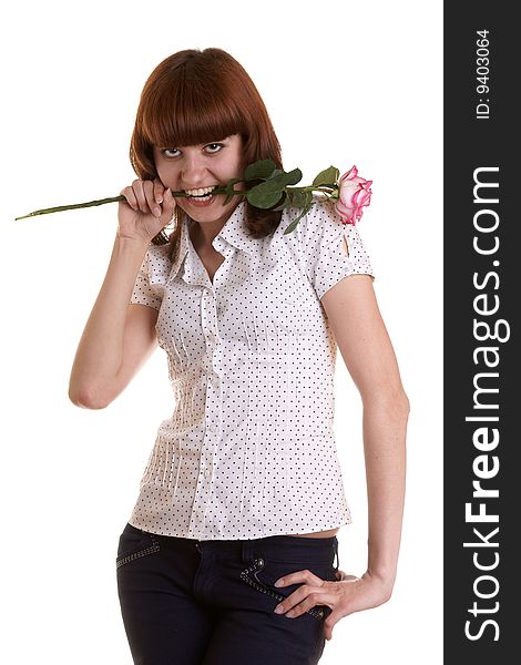 The girl holds a rose in a teeth on a white background. The girl holds a rose in a teeth on a white background