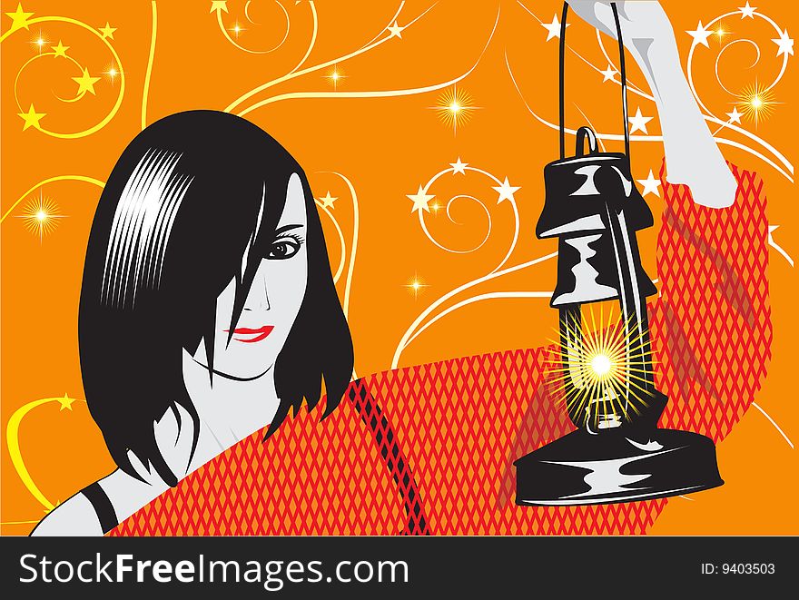 The girl with an oil lamp on an abstract background. The girl with an oil lamp on an abstract background