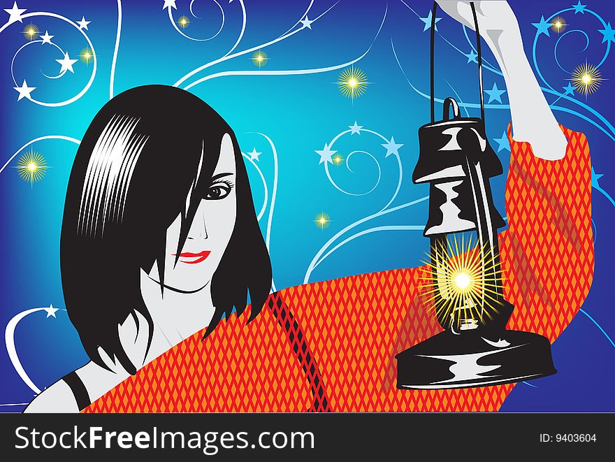 The girl with an oil lamp on an abstract background