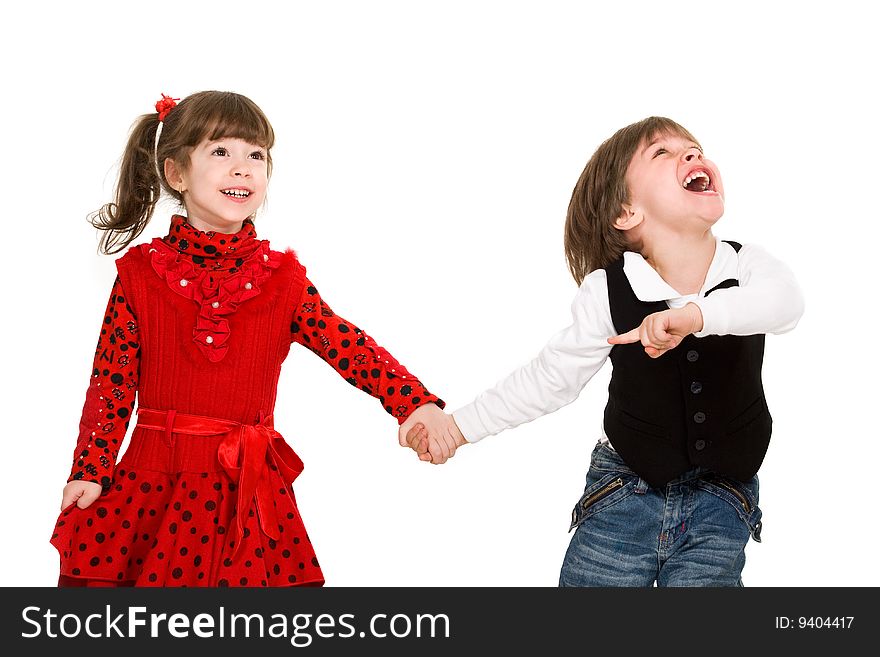 Beautiful little girl with his brother laughing. Isolated. Beautiful little girl with his brother laughing. Isolated