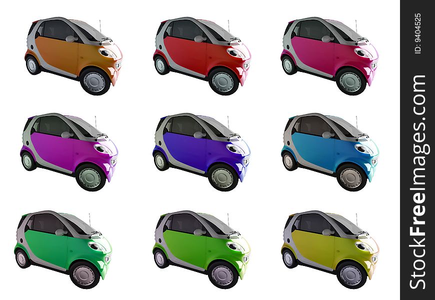 3D illustration of small economical car in different colors. For more views and colors of this car please visit my portfolio. 3D illustration of small economical car in different colors. For more views and colors of this car please visit my portfolio