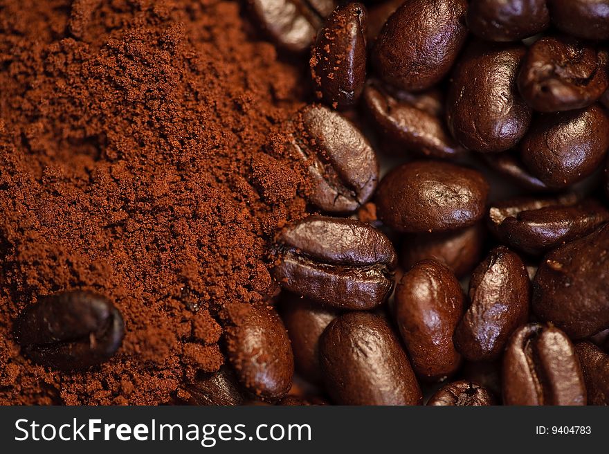 An image of coffee powder and beans. An image of coffee powder and beans