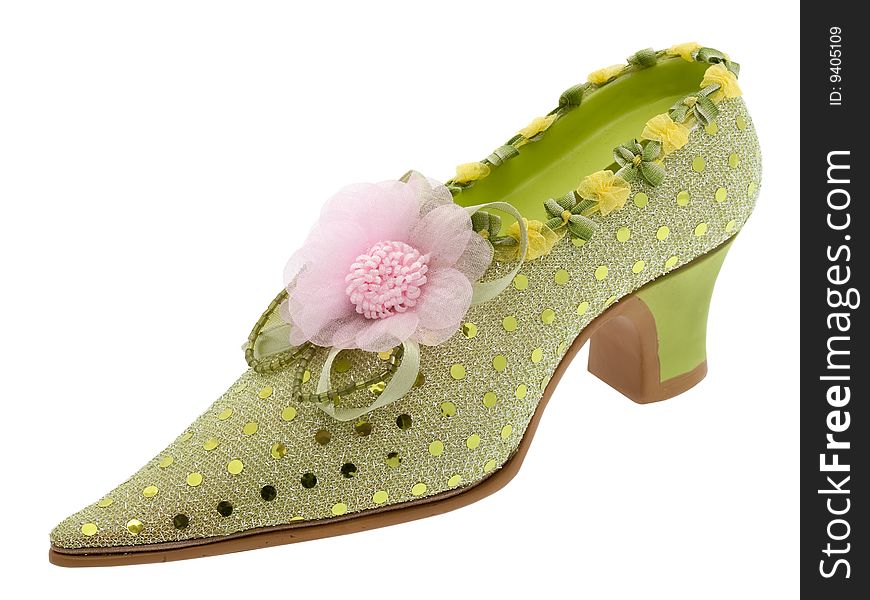 Woman shoes elegant, shoe with pink flower against white background