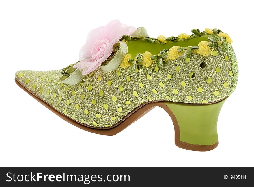 Woman shoes elegant, shoe with pink flower against white background