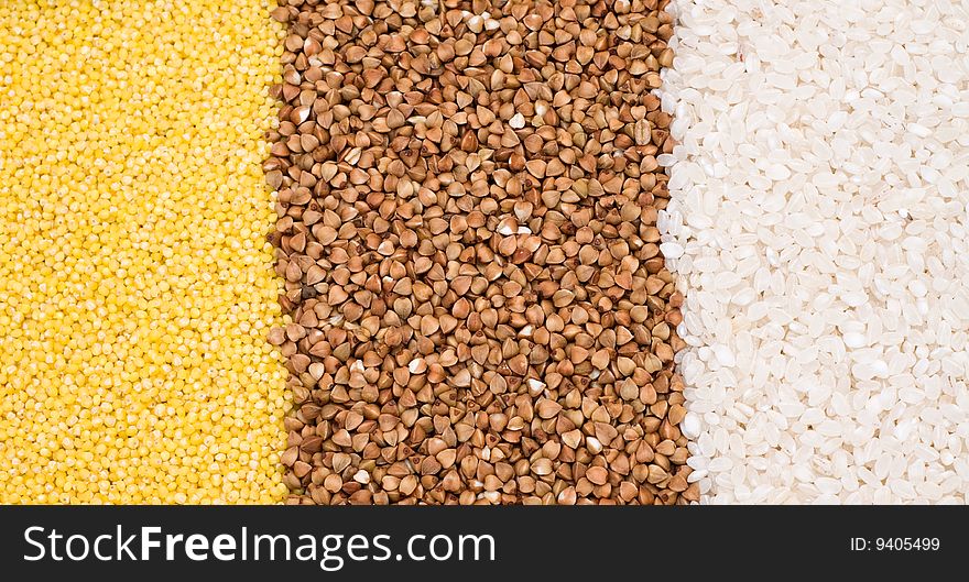 Millet, buckwheat, rice background - close-up, cooking ingredients