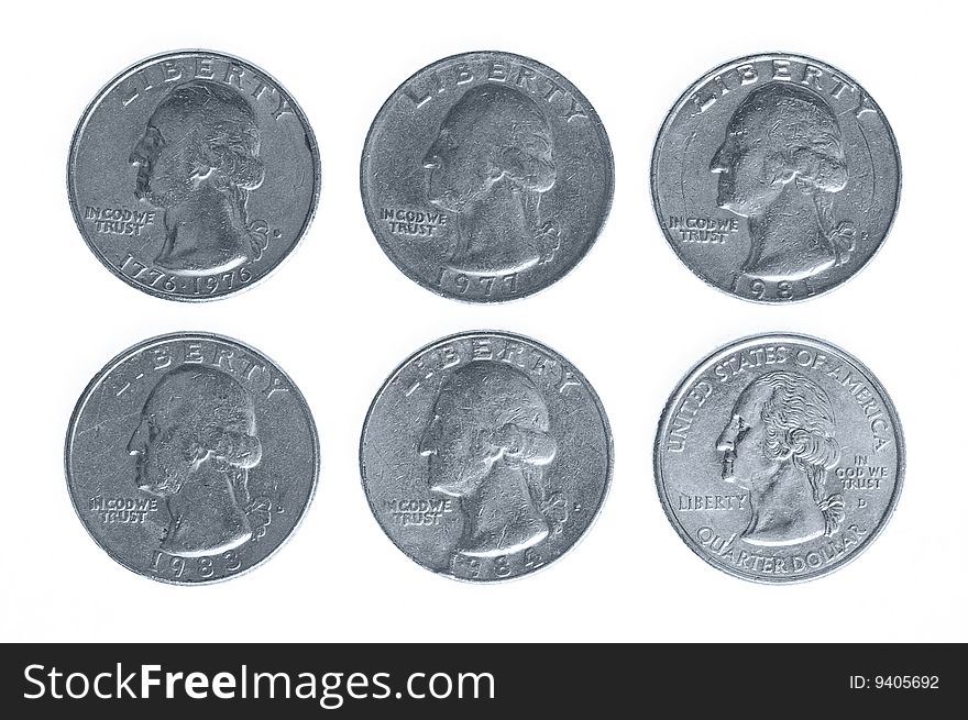 American money evolution: six different quarter dollar coins