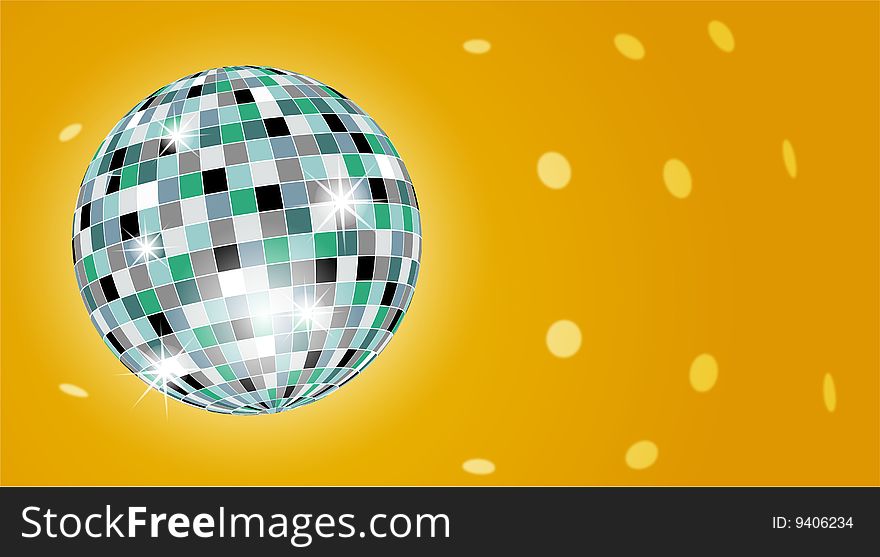 Illustration of discoball on yellow background with lights