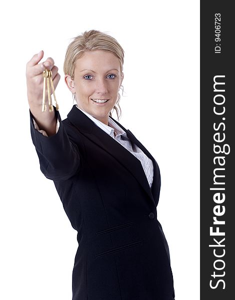 Businesswoman holding a bunch of keys isolated on a white background. Businesswoman holding a bunch of keys isolated on a white background