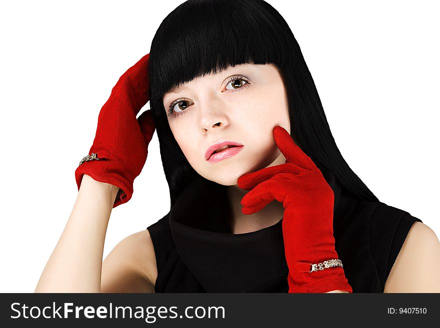 Portrait of woman in red gloves