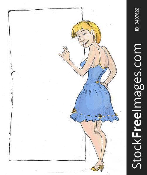 Girl with blond hair and a blue spring dress is holding a charcoal in front of a panel waiting to write the list. Girl with blond hair and a blue spring dress is holding a charcoal in front of a panel waiting to write the list