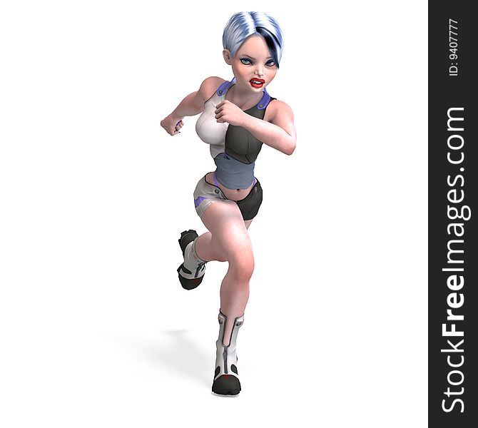 Female scifi heroine running. With Clipping Path over white