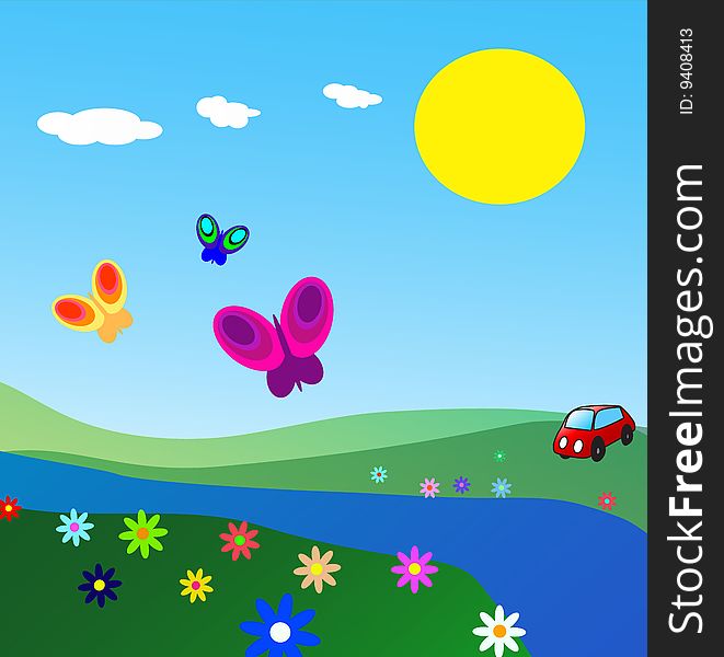 Fields with flowers under a blue sky. Butterflies flying and the sun shining.
A small red car in the background. Vector. Fields with flowers under a blue sky. Butterflies flying and the sun shining.
A small red car in the background. Vector
