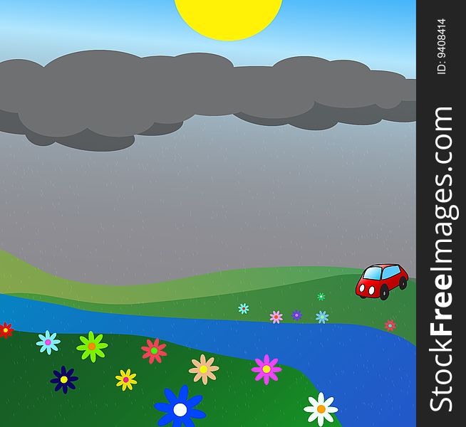 Fields with flowers under the clouds and rain. The sun shining above the dark clouds. A small red car in the background. Vector. Fields with flowers under the clouds and rain. The sun shining above the dark clouds. A small red car in the background. Vector
