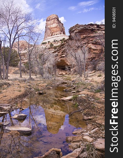 Reflection of a rock tower in water in Phipps Wash. Grand Staircase Escalante National Monument, UT. Reflection of a rock tower in water in Phipps Wash. Grand Staircase Escalante National Monument, UT