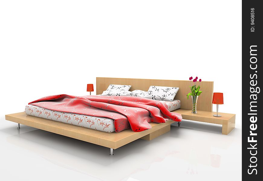 Wooden bed with red blanket. Wooden bed with red blanket