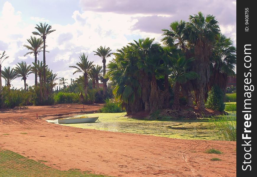 A desertic landscape with, sand, pond, palm trees. A desertic landscape with, sand, pond, palm trees