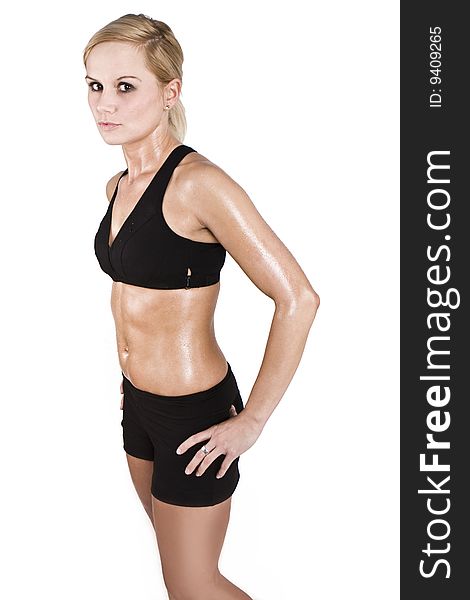 Picture of lovely blond fitness woman over white background
