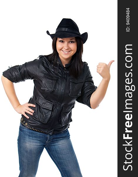 Model With Black Leather Coat And A Cowboy Hat