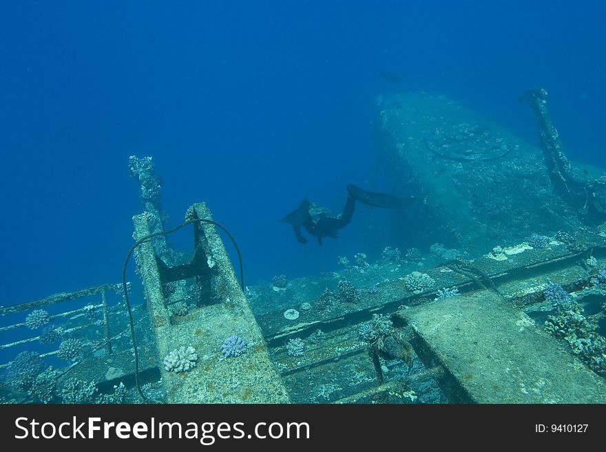 Wreckage of a sunken ship beneath the sea. Wreckage of a sunken ship beneath the sea.