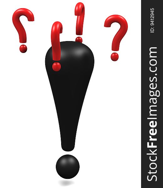 Black exclamation mark with flying question marks around the head.High resolution 3D render. Black exclamation mark with flying question marks around the head.High resolution 3D render.