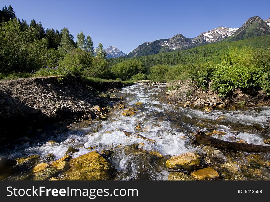 River in the Spring with snow capped mountains in the background. River in the Spring with snow capped mountains in the background