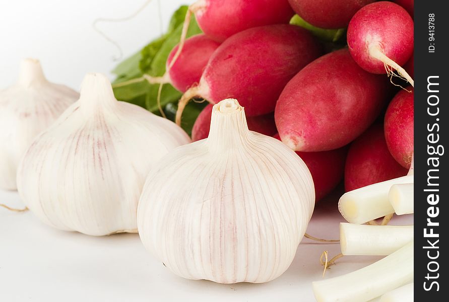 Spring onions, garlic, lettuce and radish bunch on the white background