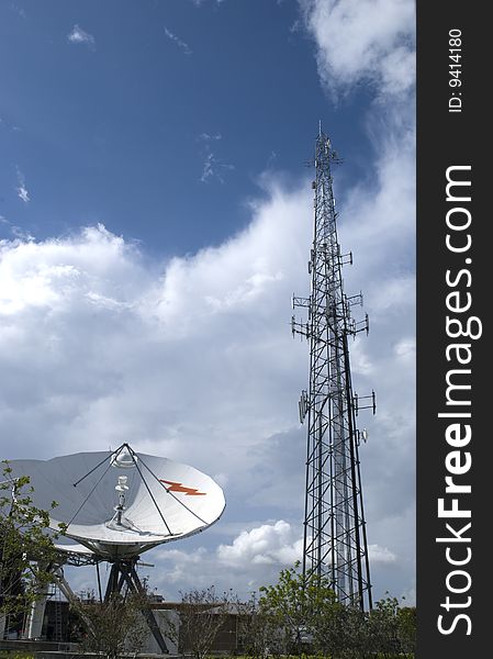 Communications satellite dish and Antenna at a Cable provider facility