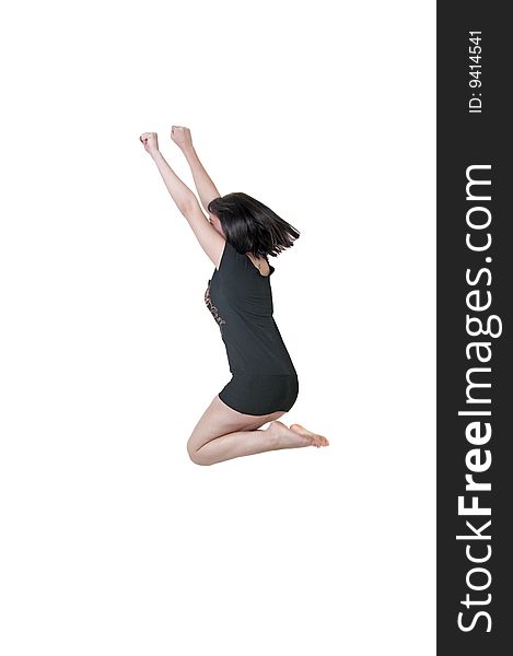 Girl in black dress jumping high
