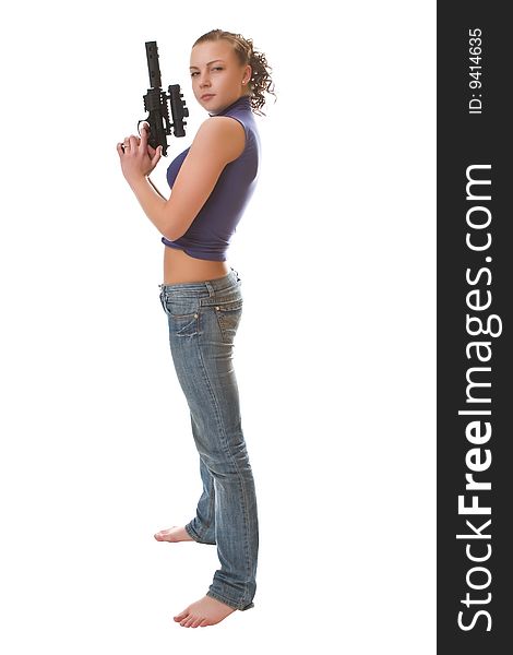 Girl with a gun isolated on a white background. Girl with a gun isolated on a white background