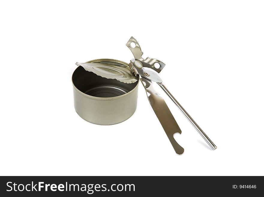 Picture of a aluminium empty tin with tin opener on white background. Picture of a aluminium empty tin with tin opener on white background