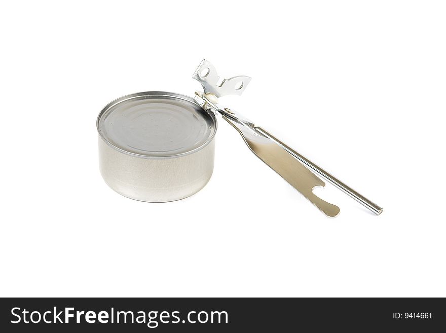 Picture of a aluminium tin with tin opener on white background. Picture of a aluminium tin with tin opener on white background