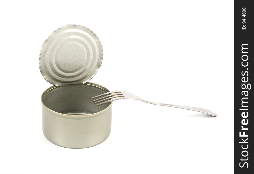 Picture of a empty tin with fork on a white background
